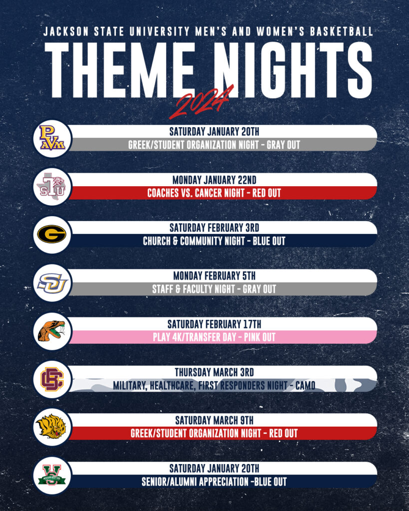 Jackson State athletics theme nights calendar graphic