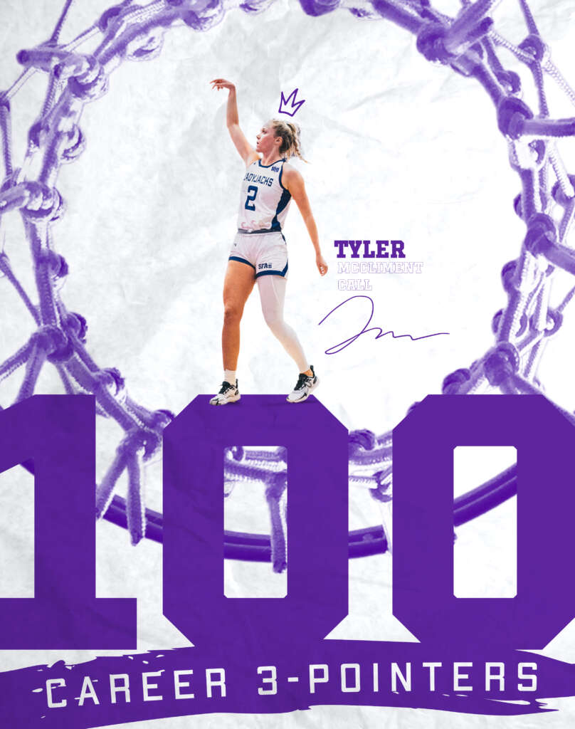 Stephen F. Austin 100 career three-pointers milestone poster designed by MFNGraphics