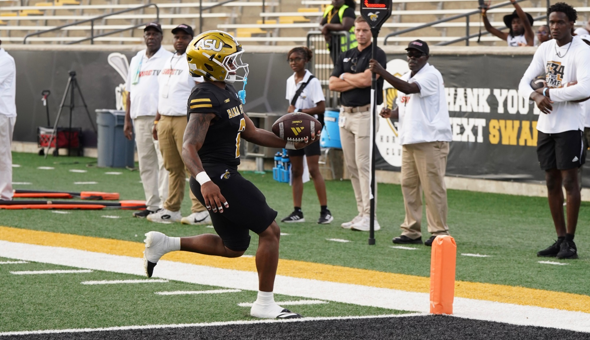 Alabama State football player scores against Lane during the Hornets' Week 1 shutout win