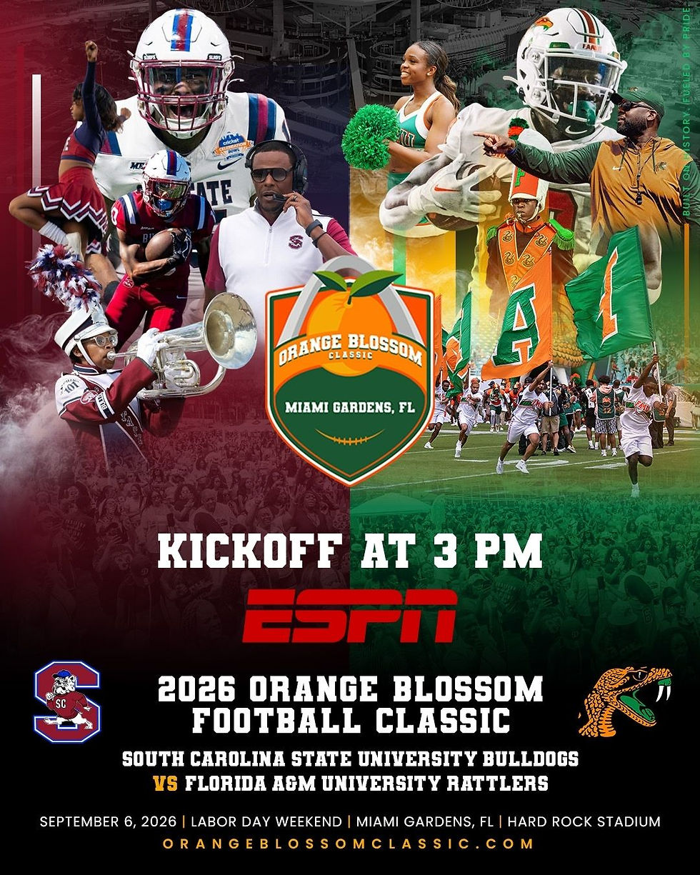 2026 Orange Blossom Classic promotional graphic featuring South Carolina State and Florida A&M