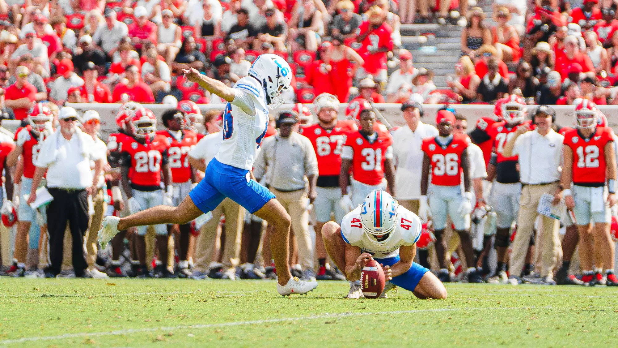Tennessee State kicker Preston Hurless attempts a field goal against Georgia during the Tigers' 2026 guarantee game